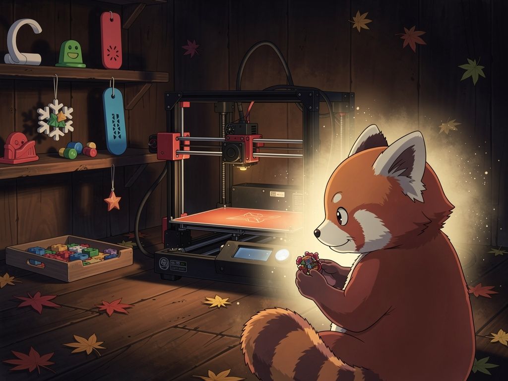 Un panda roux, entouré de feuilles d’érable automnales, admire avec émerveillement une impression 3D en cours dans un atelier chaleureux et créatif.