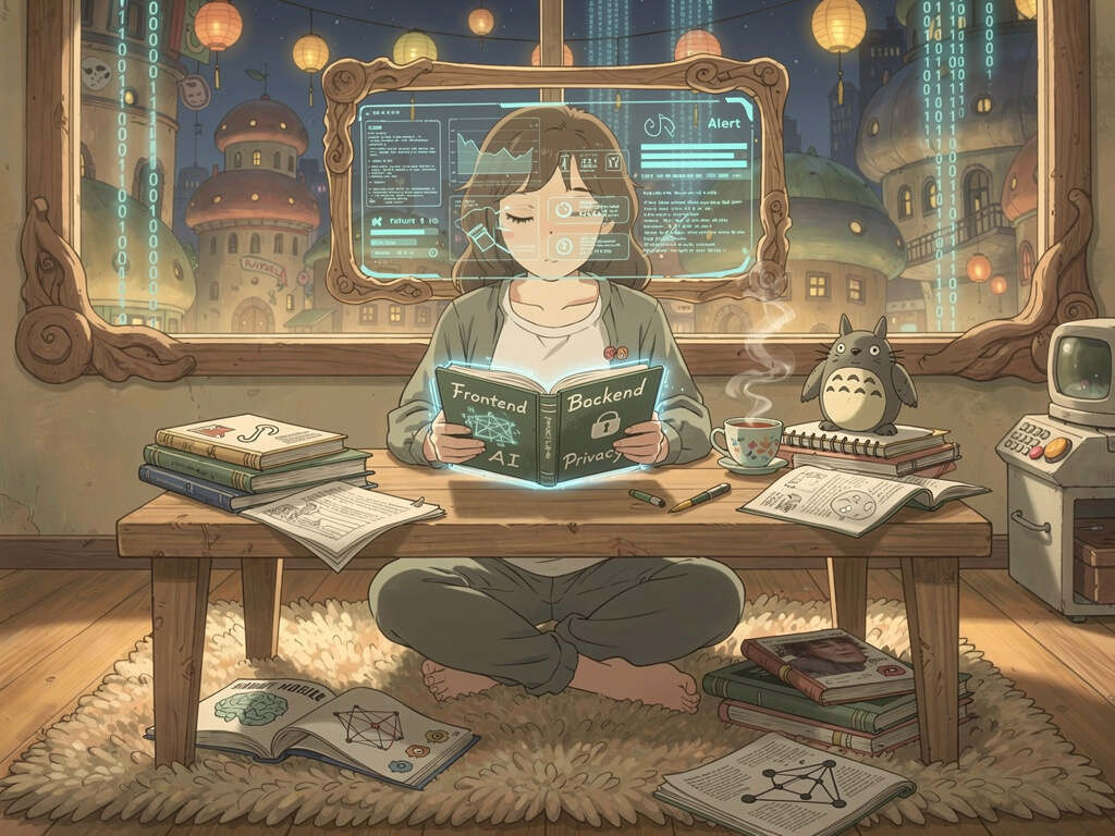 Une scène cosy inspirée de Ghibli : une femme plongée dans un livre futuriste, entourée de carnets, d’un écran holographique et d’un Totoro, dans un bureau baigné de lumière chaude et de magie high-tech.