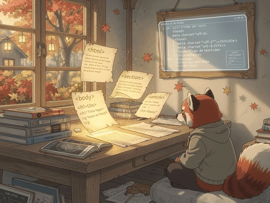Un panda roux observe, dans un atelier cosy inspiré de Ghibli, des feuilles Markdown se transformer en balises HTML dorées, entre magazines tech futuristes et écrans holographiques en bois sculpté.