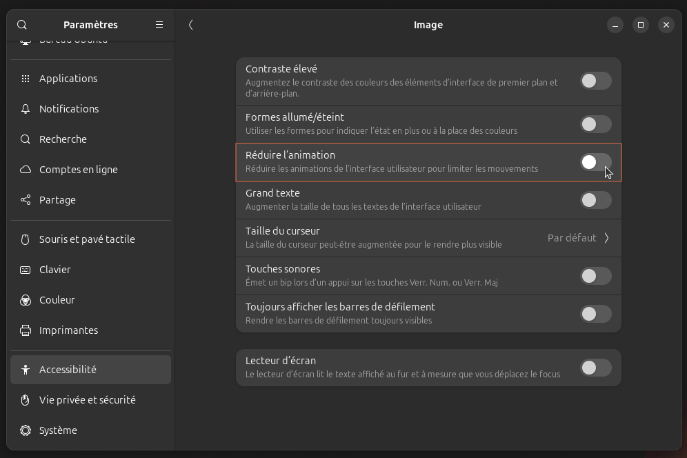 Option pour réduire les animations avec Gnome sous Linux