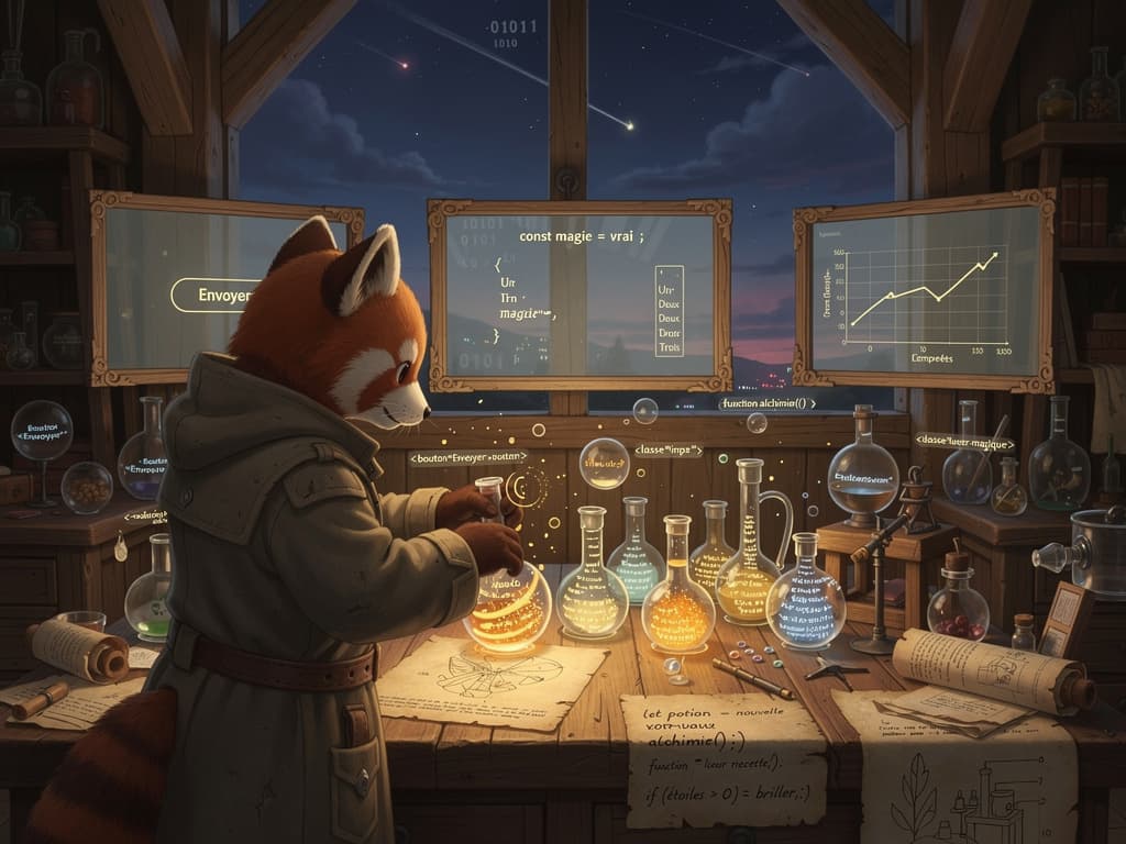 Un panda roux alchimiste mélange des fioles de code JavaScript qui s’animent en bulles lumineuses, dans un laboratoire où écrans holographiques et feuilles d’érable flottent sous une ambiance bleutée et chaleureuse.