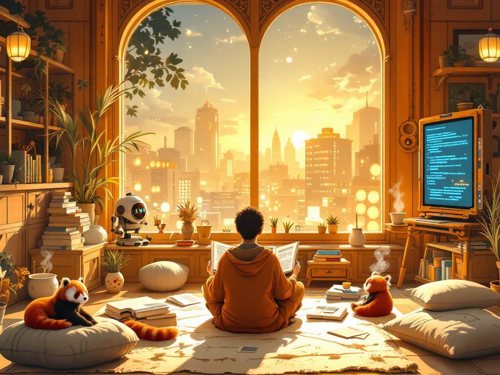 Un moment de sérénité dans un atelier cosy, où une silhouette lit un journal tech face à une ville baignée de lumière dorée, entourée de pandas roux, de plantes et de robots, entre magie et technologie.