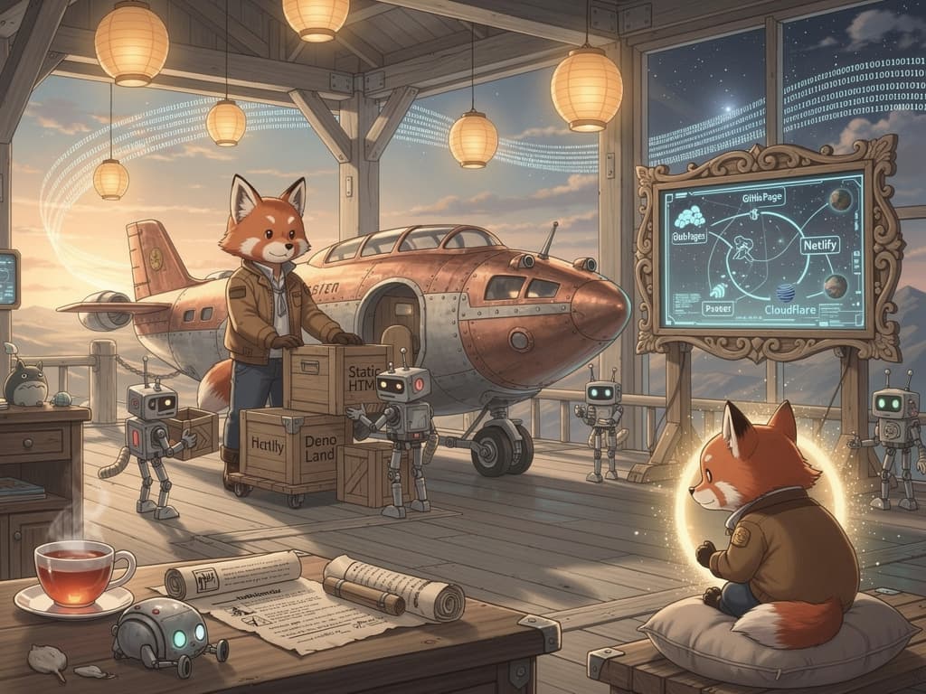 Un panda roux capitaine supervise le chargement de caisses 'Static HTML' et 'Deno Land' vers un vaisseau spatial en bois et cuivre, guidé par des lanternes et une carte stellaire vers GitHub Pages et Netlify, sous un ciel étoilé.