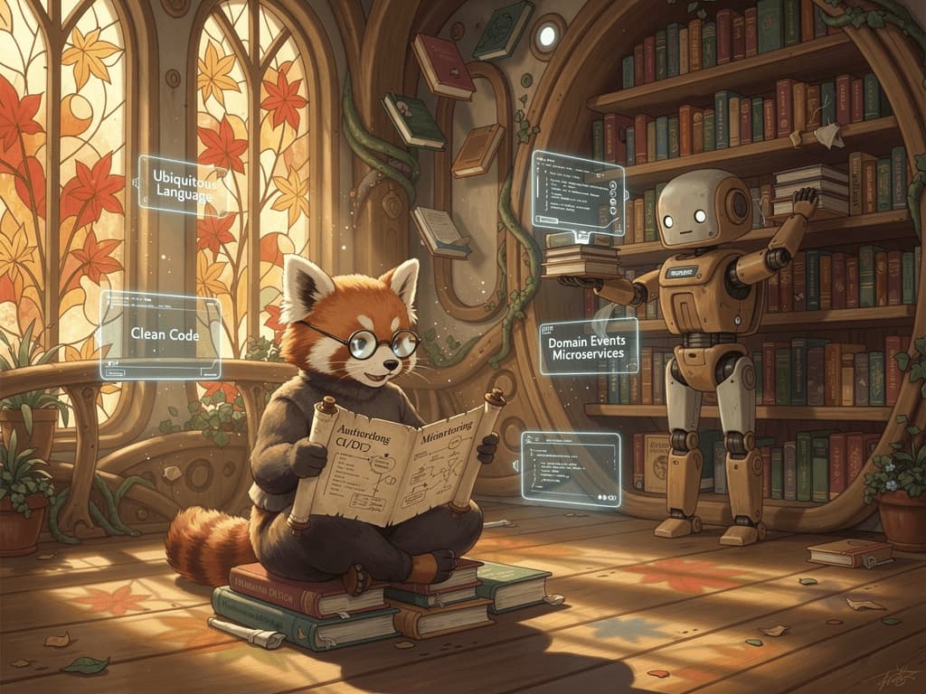 Un panda roux étudie des livres cultes dans une bibliothèque onirique style Ghibli, où hologrammes, robots et lumière dorée mêlent magie, technologie et savoir intemporel.