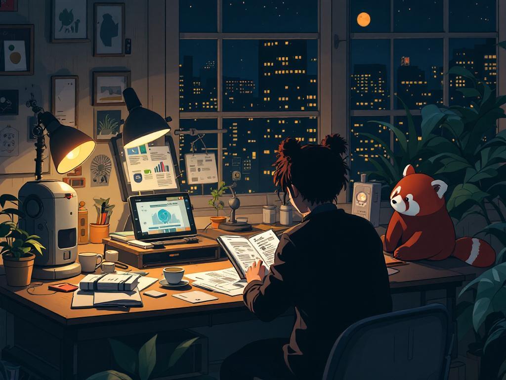 Une scène de bureau nocturne inspirée de l’univers cosy et high-tech, où une silhouette plongée dans la lecture d’un journal tech est entourée d’écrans, de plantes et d’un panda roux attentif, sous une lumière chaude et une vue urbaine étoilée.