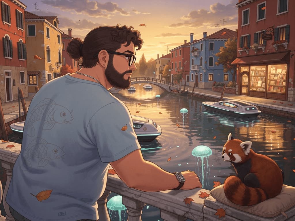 Personnage contemplant un canal vénitien onirique au crépuscule, avec librairie éclairée, gondoles automatisées et panda roux, dans un style Ghibli chaleureux et poétique.