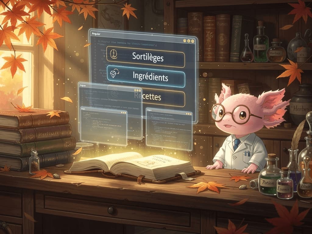 Un atelier magique high-tech inspiré de Studio Ghibli, où un écran holographique affiche un composant Angular Tabs avec trois onglets ('Sortilèges', 'Ingrédients', 'Recettes'), tandis qu’un axolotl en blouse de laboratoire observe la scène, baignée de lumière dorée automnale.