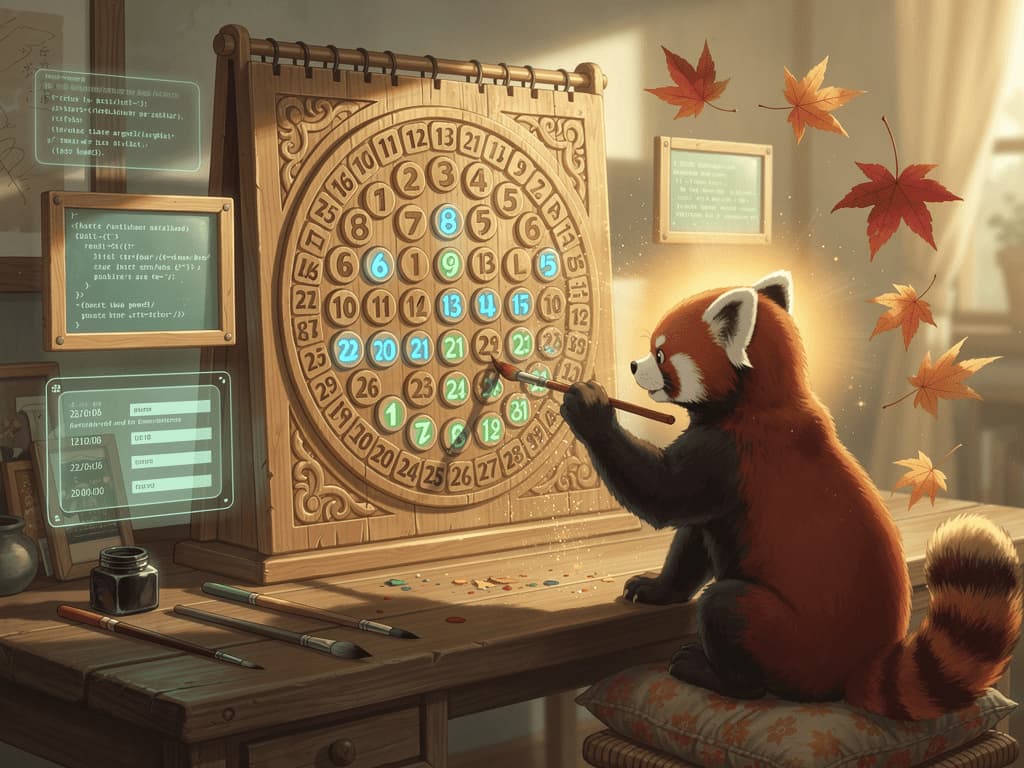 Un atelier chaleureux, où un panda roux peint délicatement une case d’un calendrier en bois sculpté, entouré de feuilles d’érable automnales et d’hologrammes de code, sous une lumière dorée mêlant magie et technologie organique.