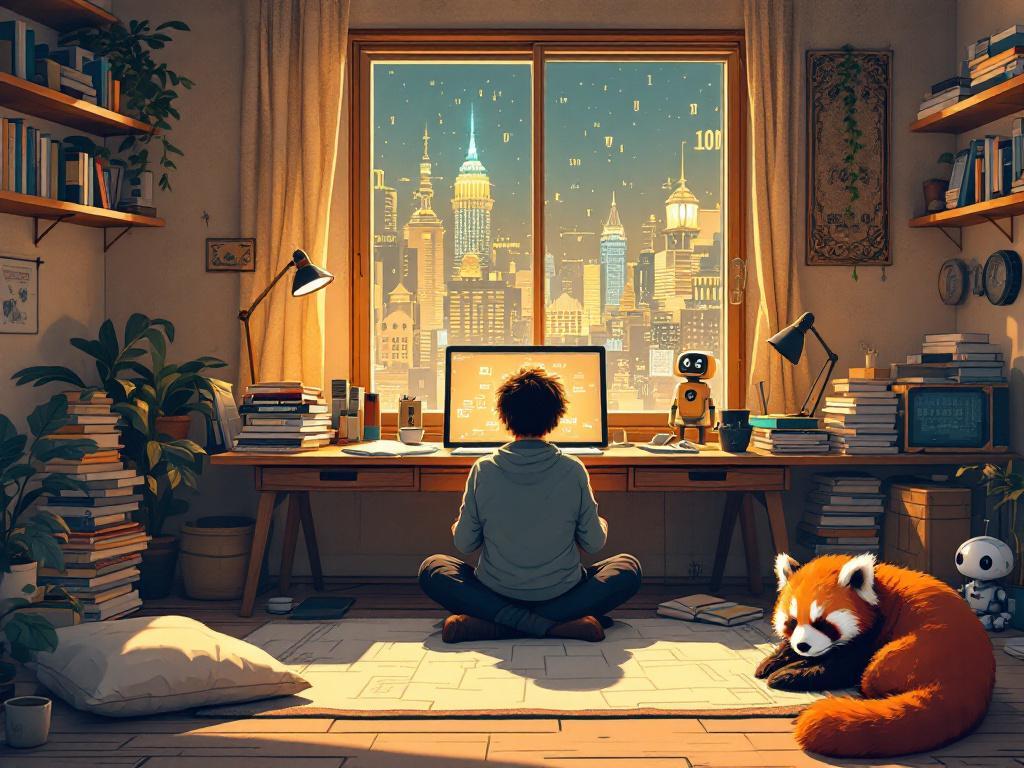 Une personne travaille devant un écran dans un bureau chaleureux et encombré de livres, avec une vue nocturne sur une ville futuriste, accompagnée d’un panda roux endormi et de petits robots.