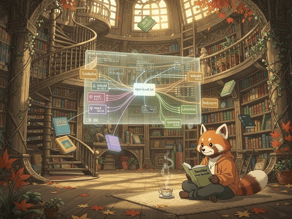 Bibliothèque futuriste en bois avec livres flottants de versions NPM, hologramme d’arbre de dépendances, et panda roux lisant « SemVer pour les nuls » sous une lumière dorée.