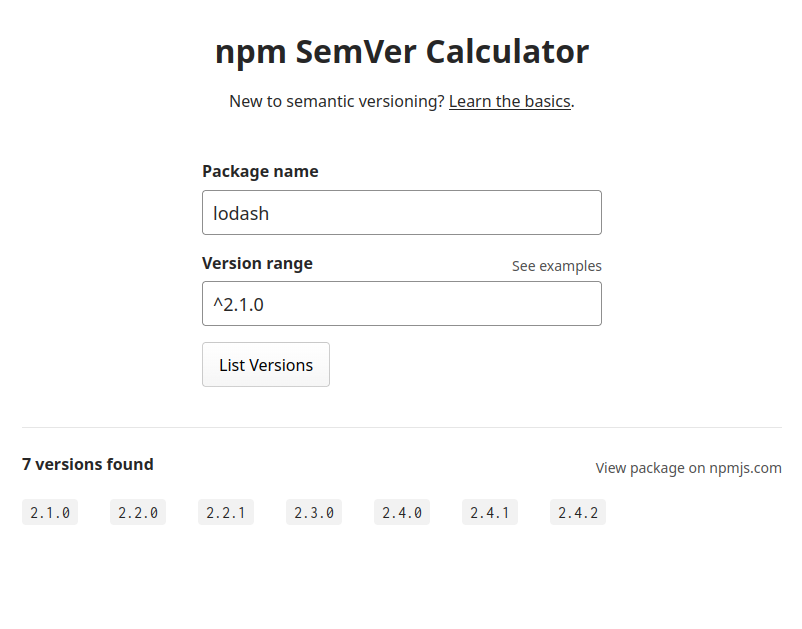 SemVer Calculateur avec une démonstration sur une version de lodash