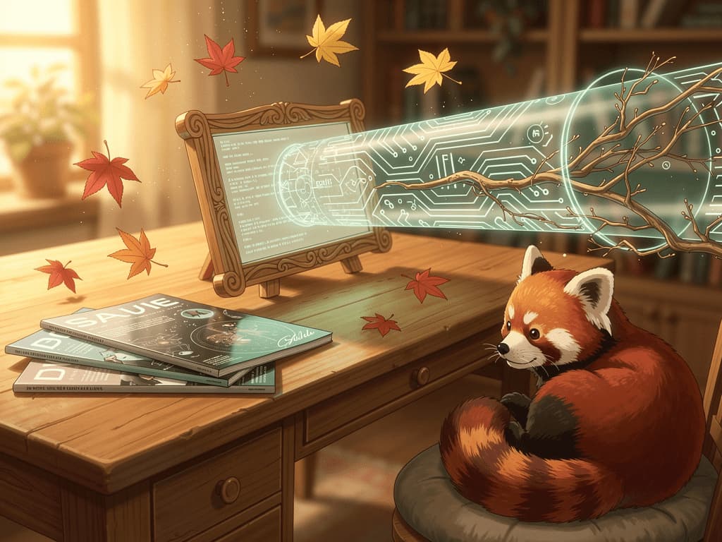 Un bureau en bois éclairé par une douce lumière dorée, avec un écran holographique affichant du code, un panda roux sur un coussin, et un tunnel lumineux évoquant une connexion VPN, dans un style Ghibli chaleureux et poétique.