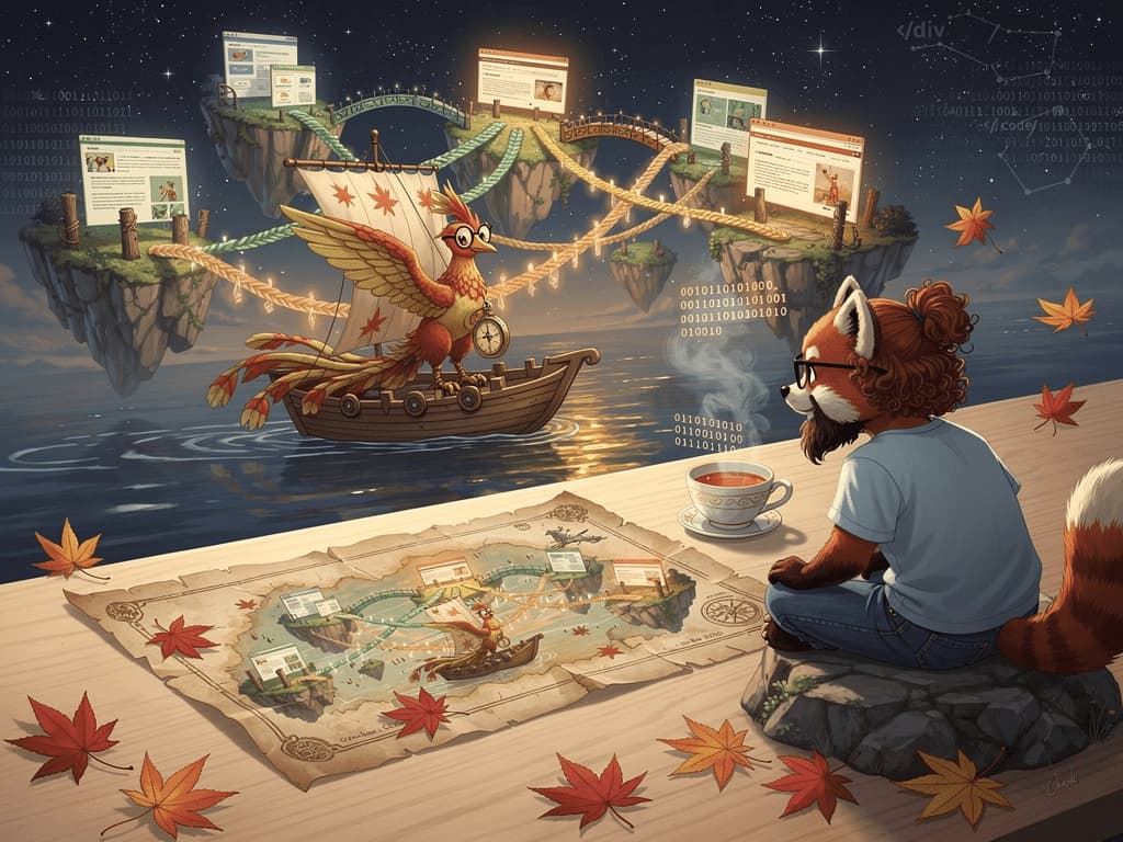 Un panda roux contemplant une carte de confiance en parchemin, où des îles reliées par des ponts lumineux symbolisent un réseau humain, dans un style Ghibli chaleureux et poétique.