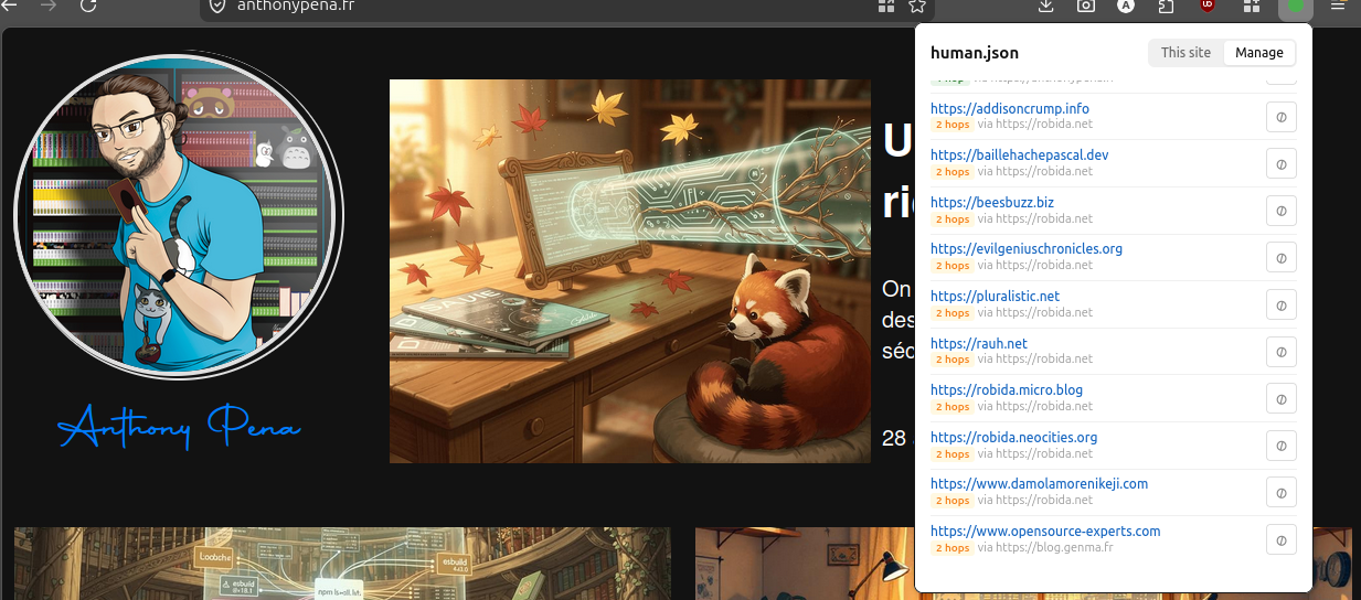 Vue de l'onglet "Manage" avec des sites indiqués comme "2 hops"