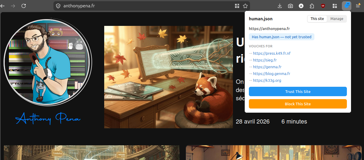Exemple de l'extension sur mon site avant de l'avoir indiqué comme "Trusted"
