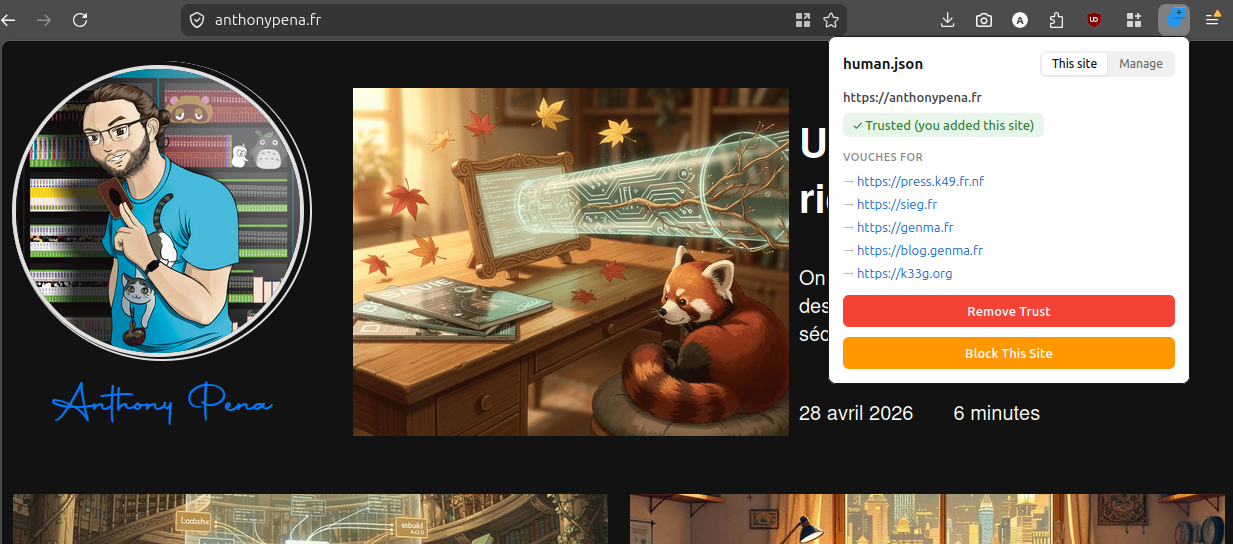 Vue de l'extension une fois qu'on a "trusted" un site