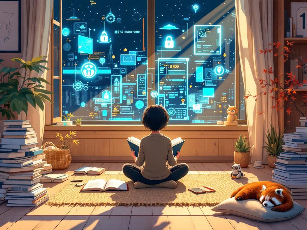 Un personnage lit dans un bureau cosy entouré de robots et de livres, avec un panda roux endormi, devant une ville futuriste.