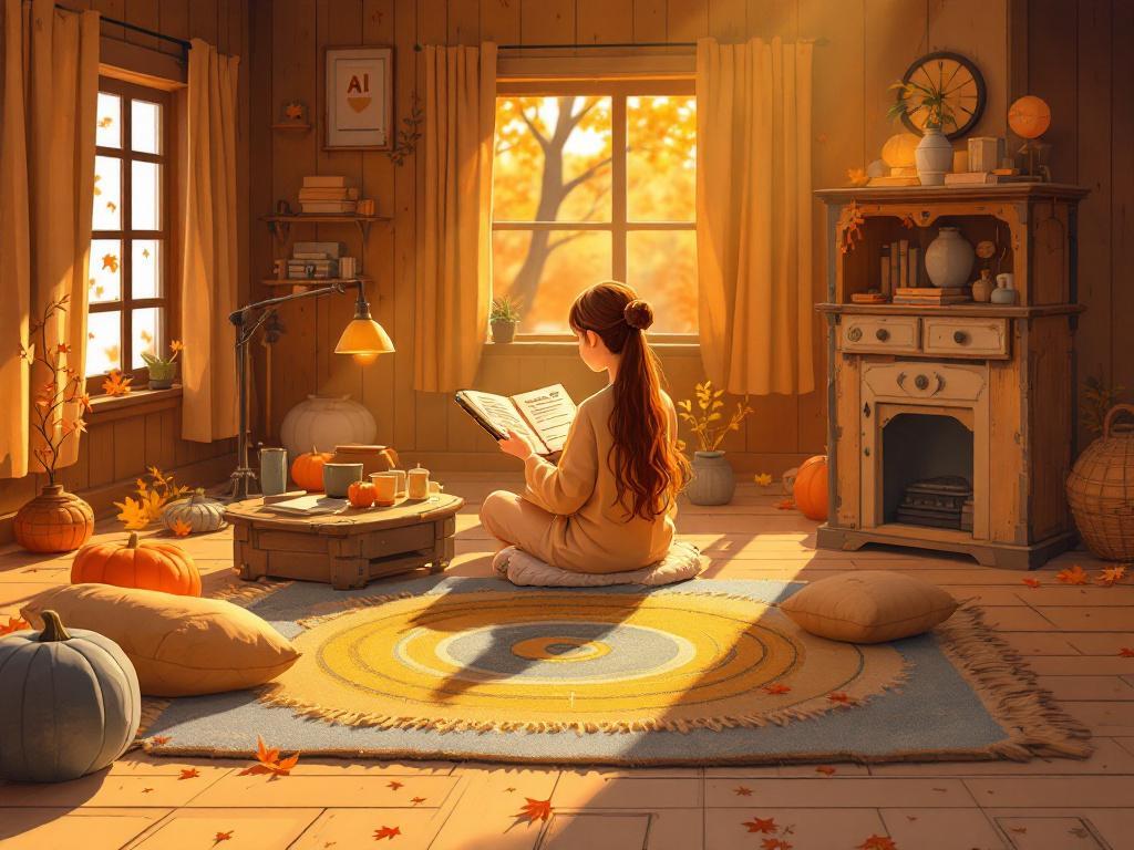 Une scène automnale cosy avec une personne assise en tailleur lit un livre dans un salon en bois baigné de lumière dorée, entourée de citrouilles, de feuilles d’érable et d’objets chaleureux, avec une vue sur un arbre aux couleurs d’automne à travers une fenêtre.