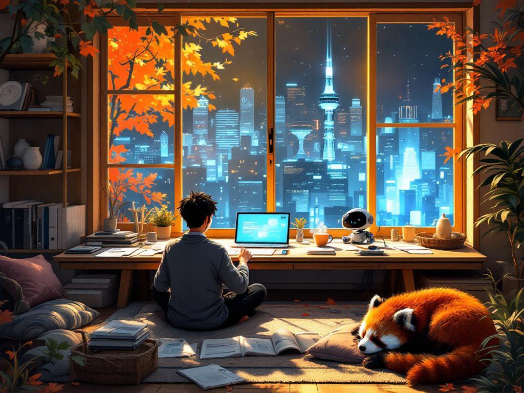 Une personne assise en tailleur travaille devant un bureau en bois rempli de livres, de plantes et d’un écran, avec une vue nocturne sur une ville futuriste illuminée, tandis qu’un panda roux dort paisiblement au premier plan et un petit robot l’observe, le tout baigné d’une lumière chaude et automnale.