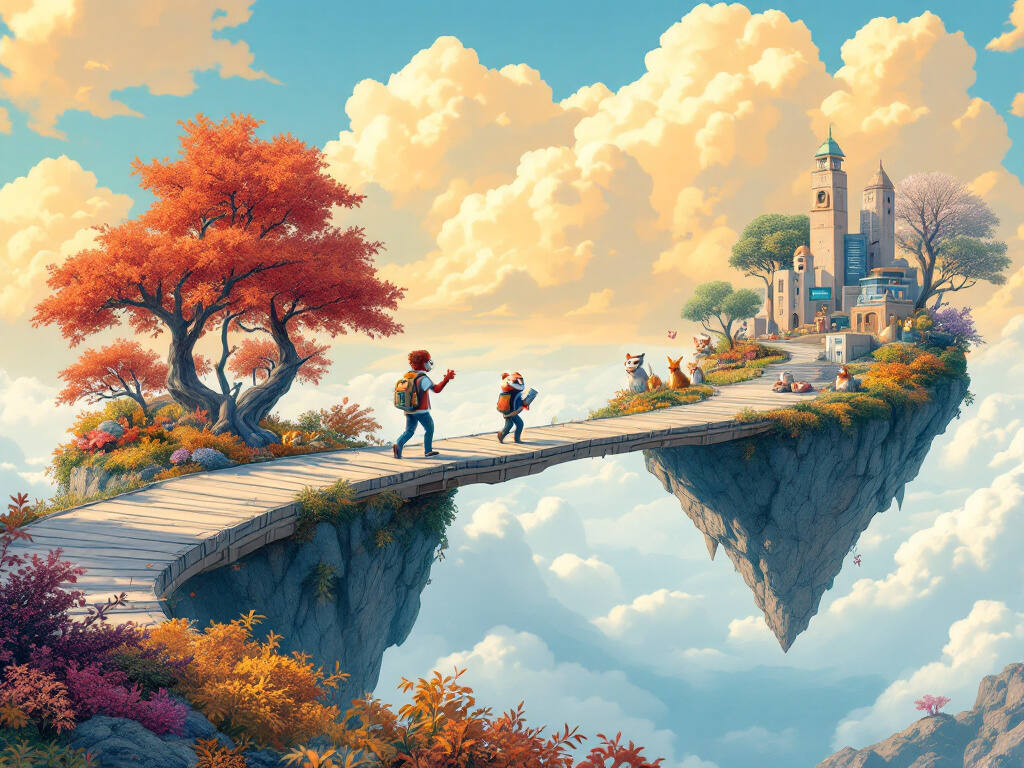 Un panda roux et un renard traversent un pont en bois entre deux îles flottantes, l'une automnale avec un arbre aux feuilles rouges, l'autre printanière avec des bâtiments futuristes, entourés d'animaux anthropomorphes sous un ciel nuageux et coloré.