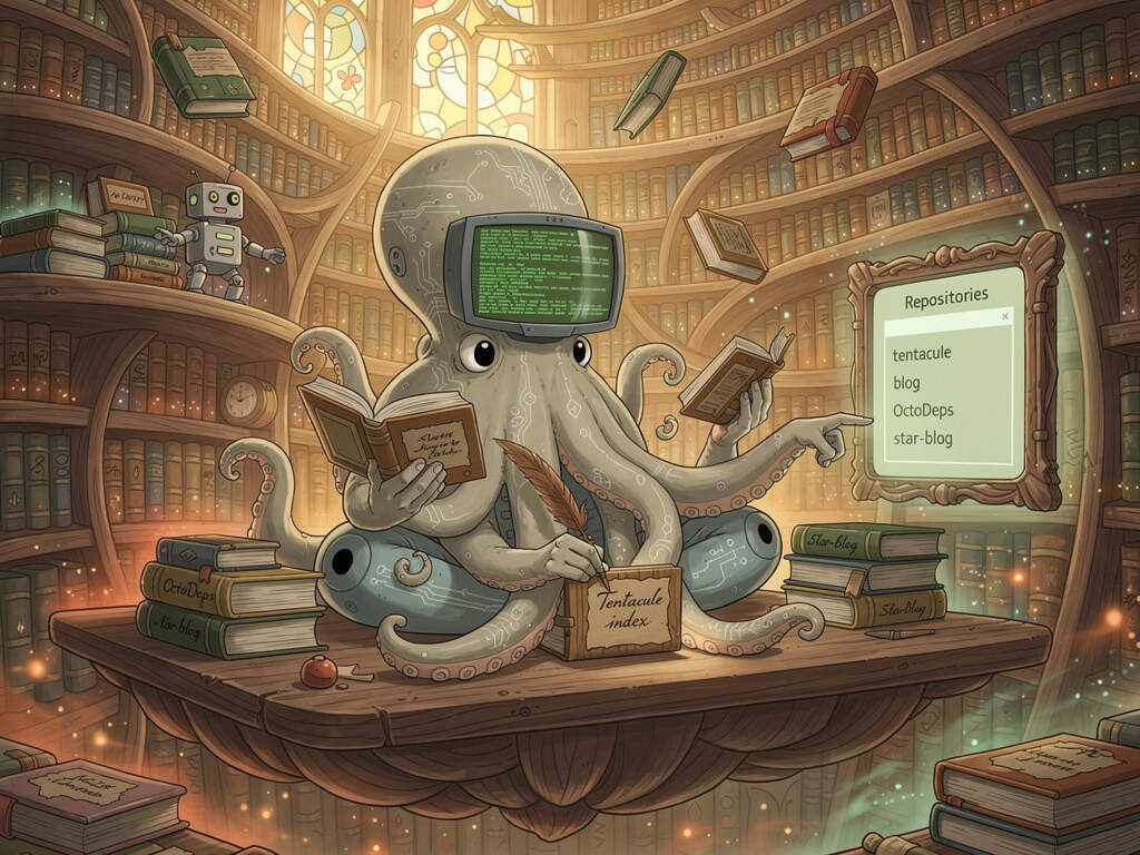 Un poulpe bibliothécaire à écran de terminal sur la tête, entouré de livres flottants et de rayonnages en bois, gère des dépôts Git dans une bibliothèque magique et lumineuse.