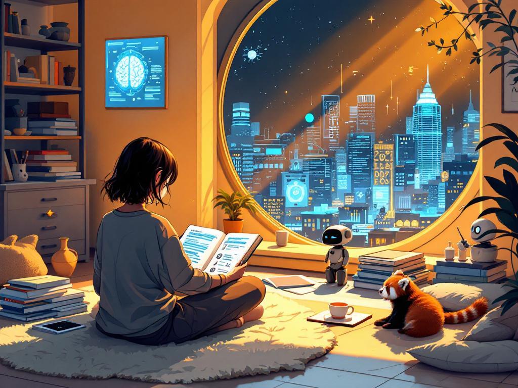 Une personne assise en tailleur lit un livre ouvert dans une chambre cosy remplie d'objets futuristes, avec une grande fenêtre offrant une vue sur une ville nocturne illuminée, tandis qu'un panda roux et des robots l'entourent.