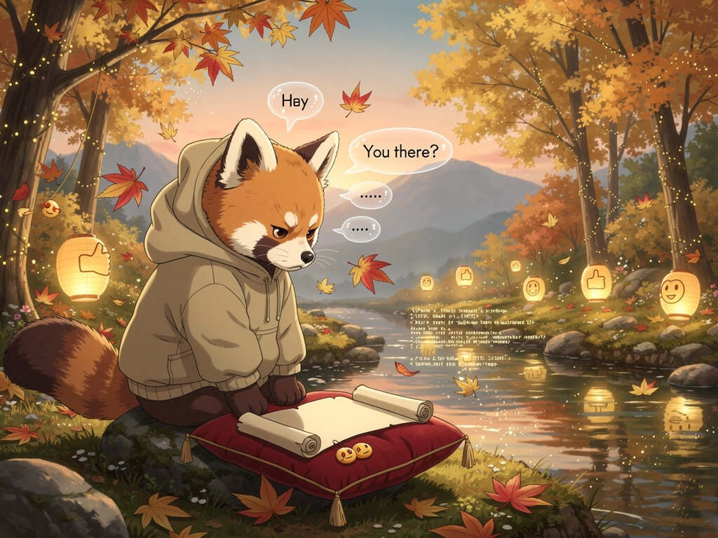 Un panda roux en hoodie, assis près d'une rivière dans un jardin automnal, semble dépité en lisant un parchemin vide, entouré de lanternes, de feuilles d'érable et de bulles de messages inutiles qui s'envolent.