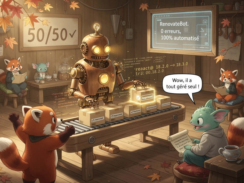 Un robot en bois et verre soufflé trie et valide automatiquement des colis de mises à jour, entouré de pandas roux et d'axolotls détendus, dont deux en admiration devant son travail.